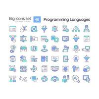 Programming languages blue RGB color icons set. Software development. Machine learning. Artificial intelligence. Isolated vector illustrations. Simple filled line drawings collection. Editable stroke