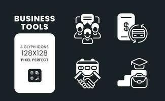 Business tools white solid desktop icons set. Communication software. Productivity improvement. Pixel perfect 128x128, outline 4px. Symbols for dark theme. Glyph pictograms. Vector isolated images