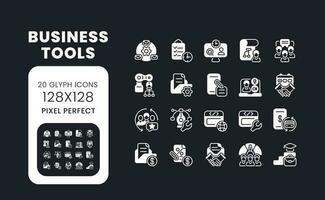 Business tools white solid desktop icons set. Project management software. Enterprise applications. Pixel perfect 128x128, outline 4px. Symbols for dark theme. Glyph pictograms. Vector isolated images