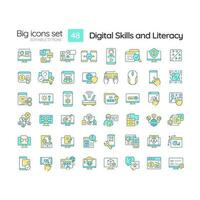 Digital skills and literacy RGB color icons set. Computer programming. Cyber citizenship. Online safety. Isolated vector illustrations. Simple filled line drawings collection. Editable stroke