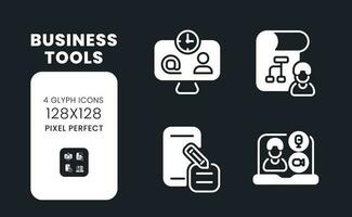 Business tools white solid desktop icons set. Productivity software. Operations management. Pixel perfect 128x128, outline 4px. Symbols for dark theme. Glyph pictograms. Vector isolated images