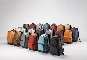 Isolated set, colorful school backpack assortment on white gray background, banner design. Copy Space For text. Back to School. Horizontal Plane. photo