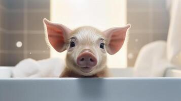 Cute Pink Mini Pig, Piglet Taking a Bath With Foam, Looking Out of Bath tab. Taking Care Of Pet. Happy Animal. . Horizontal photo
