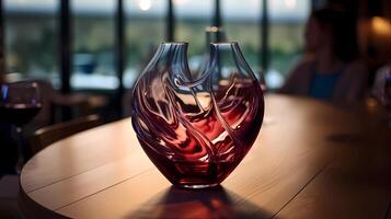 Beautiful glass wine decanter on wooden table in restaurant. It aerates red wine by bringing it into contact with air. AI generated. Horizontal photo