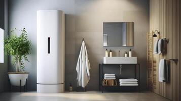White Electric storage water heater with Temperature Display in utility room. Hi-Tech Capillary Thermostat. . Smart home, house. Horizontal plane. photo