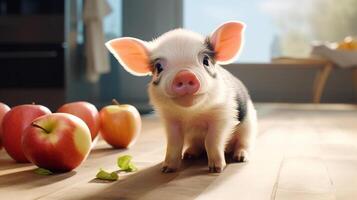 Cute Guinea Mini Pig, Little Pet Sitting In Modern Kitchen Near Apples. Feeding, Taking Care Of Piglet. Happy Animal. . Horizontal. High quality illustration photo