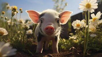 pequeño blanco negro mini cerdo, pequeño mascota excavación suelo en patio interior en soleado día entre flores tomando cuidado de linda cerdito. contento bebé animal. ai generado. horizontal. foto