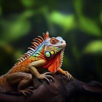 Portrait Of Bright Colorful Iguana In Rainforest on Branch. Exotic Reptile, Wild Animal. Pet. High quality illustration. Copy Space For Text photo