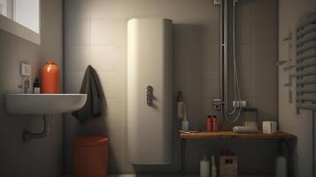 White Electric storage water heater with Modern Bathroom In Private House. Hi-Tech Capillary Thermostat. Safe, Environment Friendly system. Smart home. Horizontal. photo