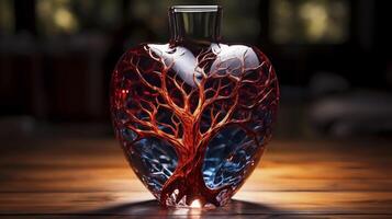 Beautiful Glass Wine Decanter In Heart, Tree Shape On Wooden Table. It Aerate Red Wine By Bringing It Into Contact With Air. Ai Generated. Drink Vessel, Vase Horizontal. High quality illustration photo