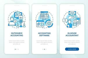 Business accounting management blue onboarding mobile app screen. Walkthrough 3 steps editable graphic instructions with linear concepts. UI, UX, GUI template vector