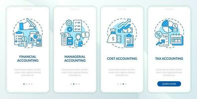 Financial accounting blue onboarding mobile app screen. Walkthrough 4 steps editable graphic instructions with linear concepts. UI, UX, GUI template vector