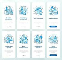 Accounting blue onboarding mobile app screen set. Types, importance walkthrough 4 steps editable graphic instructions with linear concepts. UI, UX, GUI template vector