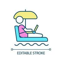 Workation RGB color icon. Person using laptop. Beach chair. Swimming pool. Work from anywhere. Digital nomad. Remote job. Isolated vector illustration. Simple filled line drawing. Editable stroke