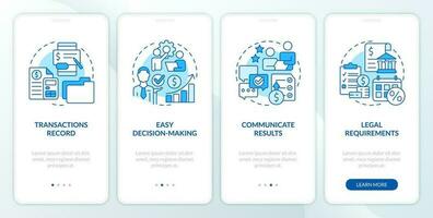 Accounting importance blue onboarding mobile app screen. Walkthrough 4 steps editable graphic instructions with linear concepts. UI, UX, GUI template vector