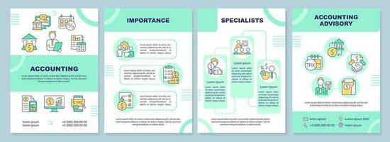 Accounting turquoise brochure template. Advisory service. Leaflet design with linear icons. Editable 4 vector layouts for presentation, annual reports