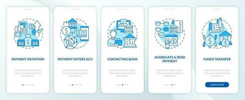 Automated clearing house process blue onboarding mobile app screen. Walkthrough 5 steps editable graphic instructions with linear concepts. UI, UX, GUI template vector