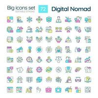 Digital nomad RGB color big icons set. Distance work. Work from anywhere. Generation z. Modern technology. Isolated vector illustrations. Simple filled line drawings collection. Editable stroke