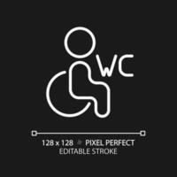 Accessible toilet pixel perfect white linear icon for dark theme. Restroom for disabled guests. Conveniences in water closet. Thin line illustration. Isolated symbol for night mode. Editable stroke vector