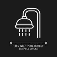 Shower pixel perfect white linear icon for dark theme. Public bathroom for visitors. Body washing equipment. Personal hygiene. Thin line illustration. Isolated symbol for night mode. Editable stroke vector