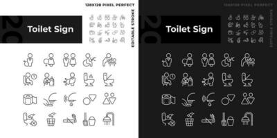 Toilet sign pixel perfect linear icons set for dark, light mode. Public restroom marking symbols. Water closet hygiene. Thin line symbols for night, day theme. Isolated illustrations. Editable stroke vector