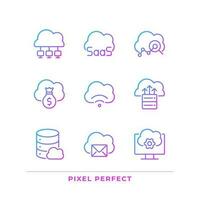 Access to data on cloud based resources pixel perfect gradient linear vector icons set. Computing system features. Thin line contour symbol designs bundle. Isolated outline illustrations collection