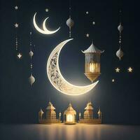 creciente luna, creciente Luna eid Mubarak diseño, eid festival diseño, eid Alabama adha, linternas luna, ai generado foto