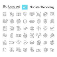 Disaster recovery linear icons set. Maintain infrastructure. Data loss prevention. Protect computer system. Customizable thin line symbols. Isolated vector outline illustrations. Editable stroke