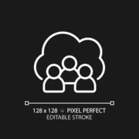 Community cloud pixel perfect white linear icon for dark theme. Share information between partners. Public access to server. Thin line illustration. Isolated symbol for night mode. Editable stroke vector