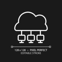 Cloud network pixel perfect white linear icon for dark theme. Central repository of digital data. Virtual computing system. Thin line illustration. Isolated symbol for night mode. Editable stroke vector