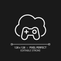 Cloud gaming pixel perfect white linear icon for dark theme. Play video games on virtual server. Amusement technology. Thin line illustration. Isolated symbol for night mode. Editable stroke vector