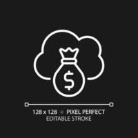 Cloud service cost pixel perfect white linear icon for dark theme. Expenses for virtual servers usage. Regular online payments. Thin line illustration. Isolated symbol for night mode. Editable stroke vector