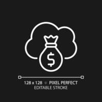 Cloud service cost pixel perfect white linear icon for dark theme. Expenses for virtual servers usage. Regular online payments. Thin line illustration. Isolated symbol for night mode. Editable stroke vector