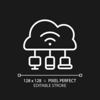 Cloud based IoT pixel perfect white linear icon for dark theme. Internet of things features. Network with devices and apps. Thin line illustration. Isolated symbol for night mode. Editable stroke vector