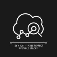 Cloud analytics pixel perfect white linear icon for dark theme. Digital data studying technology. Information for business. Thin line illustration. Isolated symbol for night mode. Editable stroke vector