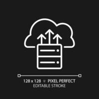 Cloud backup pixel perfect white linear icon for dark theme. Remote server for digital data. Save important information. Thin line illustration. Isolated symbol for night mode. Editable stroke vector