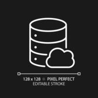 Cloud database pixel perfect white linear icon for dark theme. Computing technology of dataset processing. Online server. Thin line illustration. Isolated symbol for night mode. Editable stroke vector