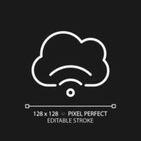 Cloud streaming pixel perfect white linear icon for dark theme. Delivering content to viewers. Hosting video files on server. Thin line illustration. Isolated symbol for night mode. Editable stroke vector