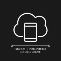 Mobile cloud computing pixel perfect white linear icon for dark theme. Apps delivering technology. Access to virtual server. Thin line illustration. Isolated symbol for night mode. Editable stroke vector