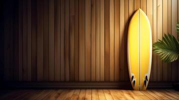 amarillo tabla de surf en de madera ai generativo foto