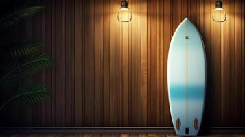 blue surfboard lean in wooden wall copy space with lamp sailing yacht near tropical island 3D illustration photo