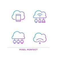 Connect devices to cloud based servers pixel perfect gradient linear vector icons set. Share data via internet. Thin line contour symbol designs bundle. Isolated outline illustrations collection