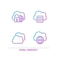 Safe access to cloud based storage pixel perfect gradient linear vector icons set. International communication. Thin line contour symbol designs bundle. Isolated outline illustrations collection