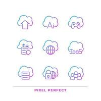 Cloud based service for data processing pixel perfect gradient linear vector icons set. Storage information. Thin line contour symbol designs bundle. Isolated outline illustrations collection