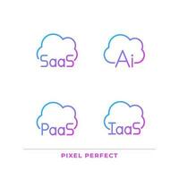 Structure of cloud computing pixel perfect gradient linear vector icons set. Virtual services for data. Thin line contour symbol designs bundle. Isolated outline illustrations collection