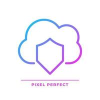 Cloud security pixel perfect gradient linear vector icon. Internet dataset protection. Safe information storage online. Thin line color symbol. Modern style pictogram. Vector isolated outline drawing