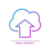 Upload files on cloud based storage pixel perfect gradient linear vector icon. Safe virtual server for users data. Thin line color symbol. Modern style pictogram. Vector isolated outline drawing