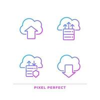 Data exchange via cloud resources pixel perfect gradient linear vector icons set. Upload and download files. Thin line contour symbol designs bundle. Isolated outline illustrations collection