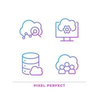 Cloud based service pixel perfect gradient linear vector icons set. Users access to data on internet. Thin line contour symbol designs bundle. Isolated outline illustrations collection