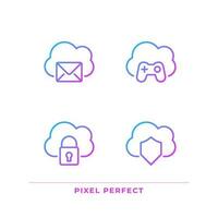 Purposes of cloud computing pixel perfect gradient linear vector icons set. Online servers in multiple spheres. Thin line contour symbol designs bundle. Isolated outline illustrations collection